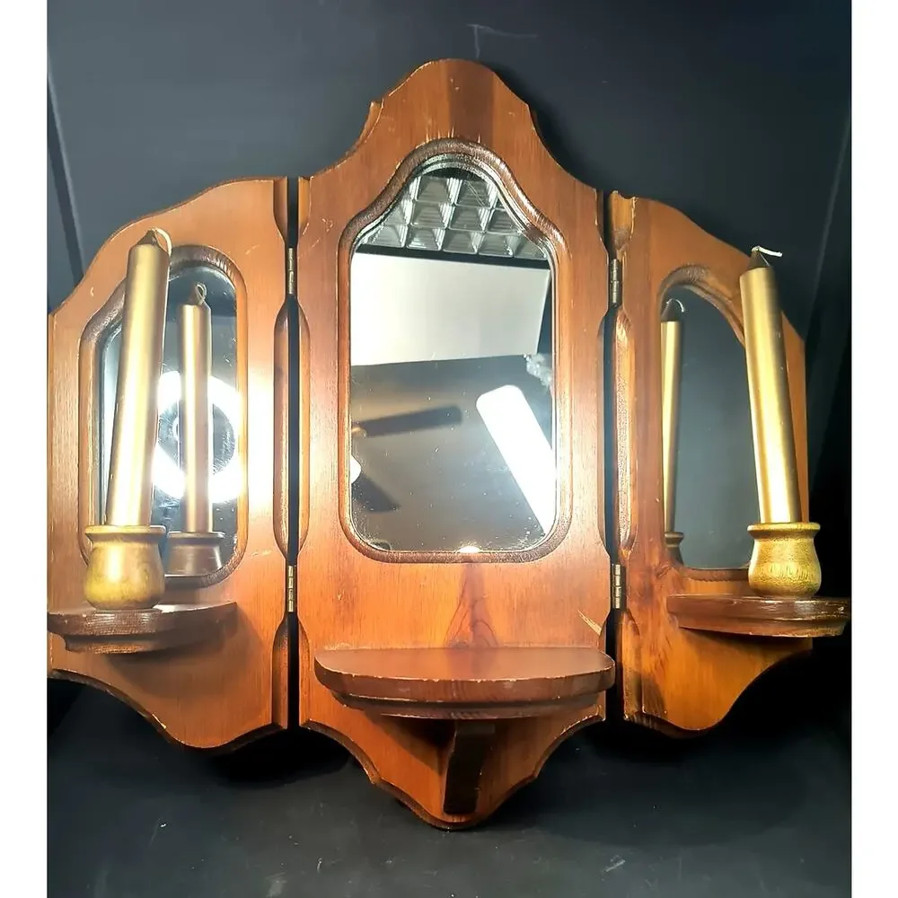 1812.  Vintage MCM Tri Fold Wooden Mirrored Sconce Shelf